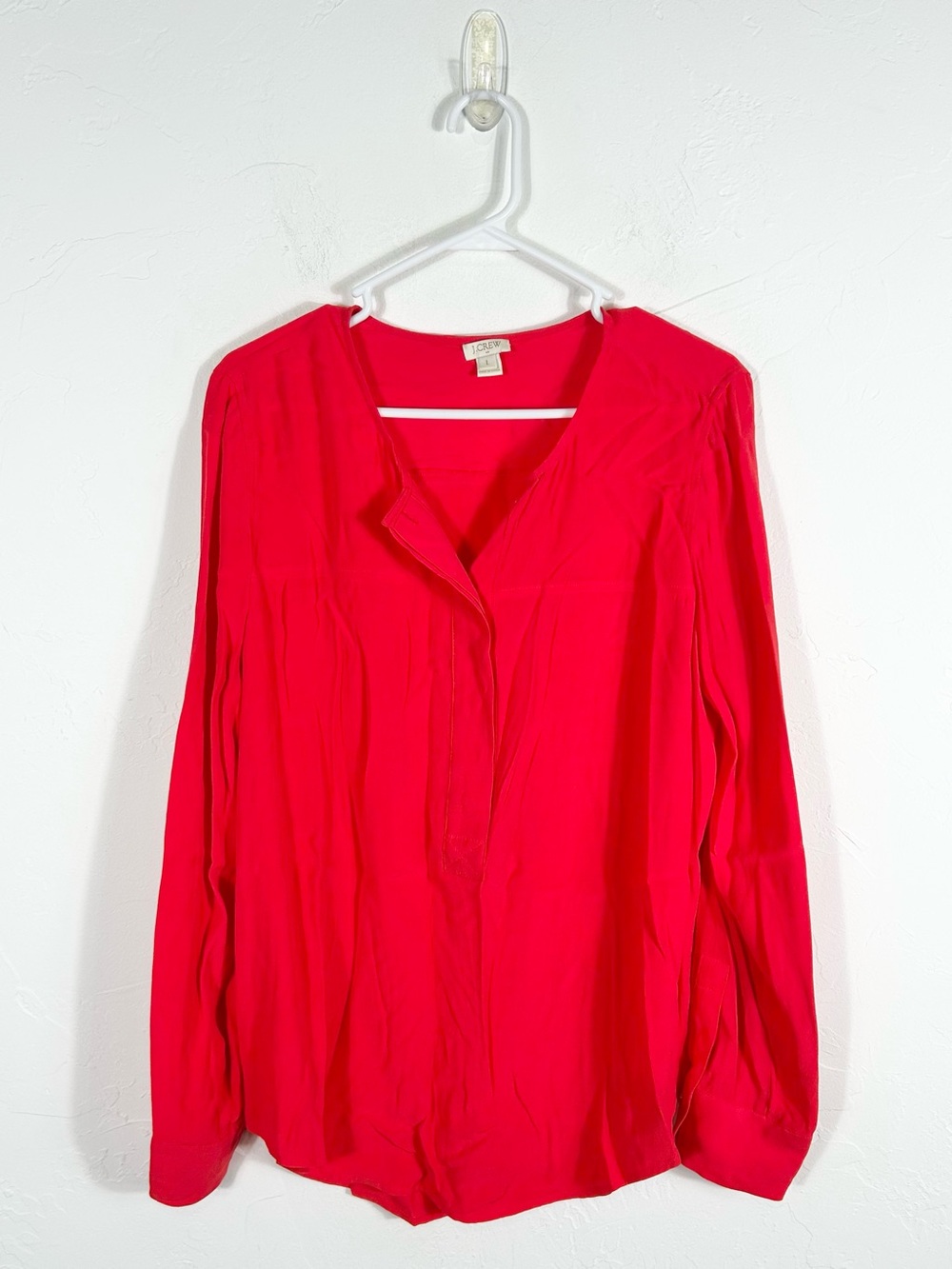 J.Crew Vibrant Red Hidden Placket Long Sleeve Popover Blouse Top Size L